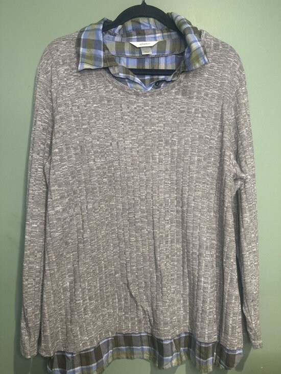CJ Banks Tops - CJ Banks 1X Mixed Media Knit Top Plaid Trim Lightweight Layered Look